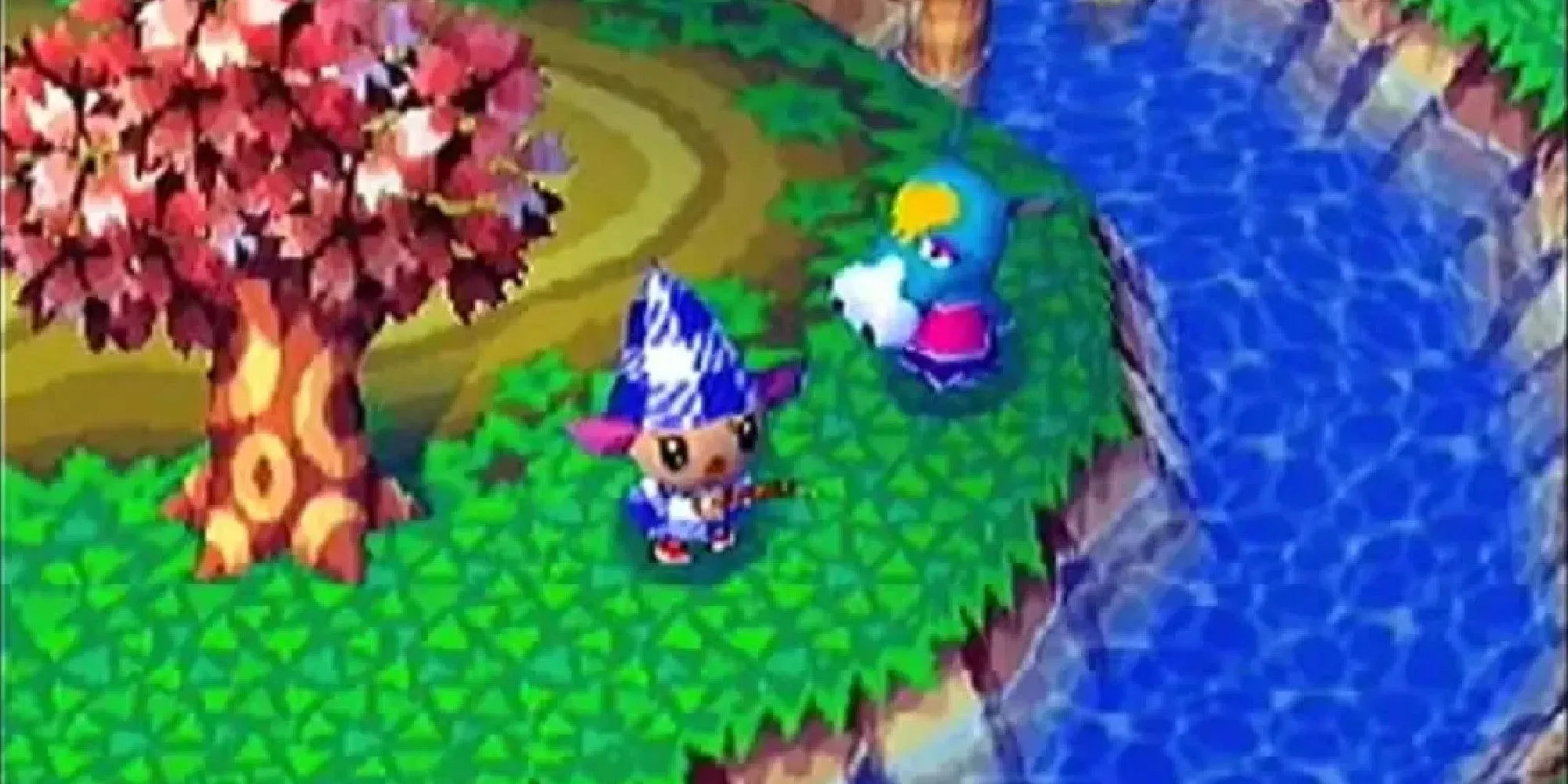 Nhân vật Animal Crossing câu cá bên cạnh một người dân làng.
