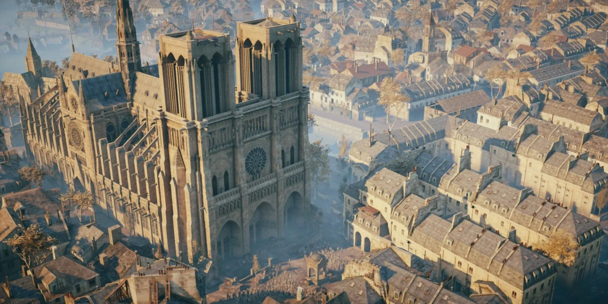 Nhân vật Arno Dorian trong Assassin's Creed Unity đứng trên nóc nhà nhìn xuống thành phố Paris hoa lệ thời Cách mạng Pháp