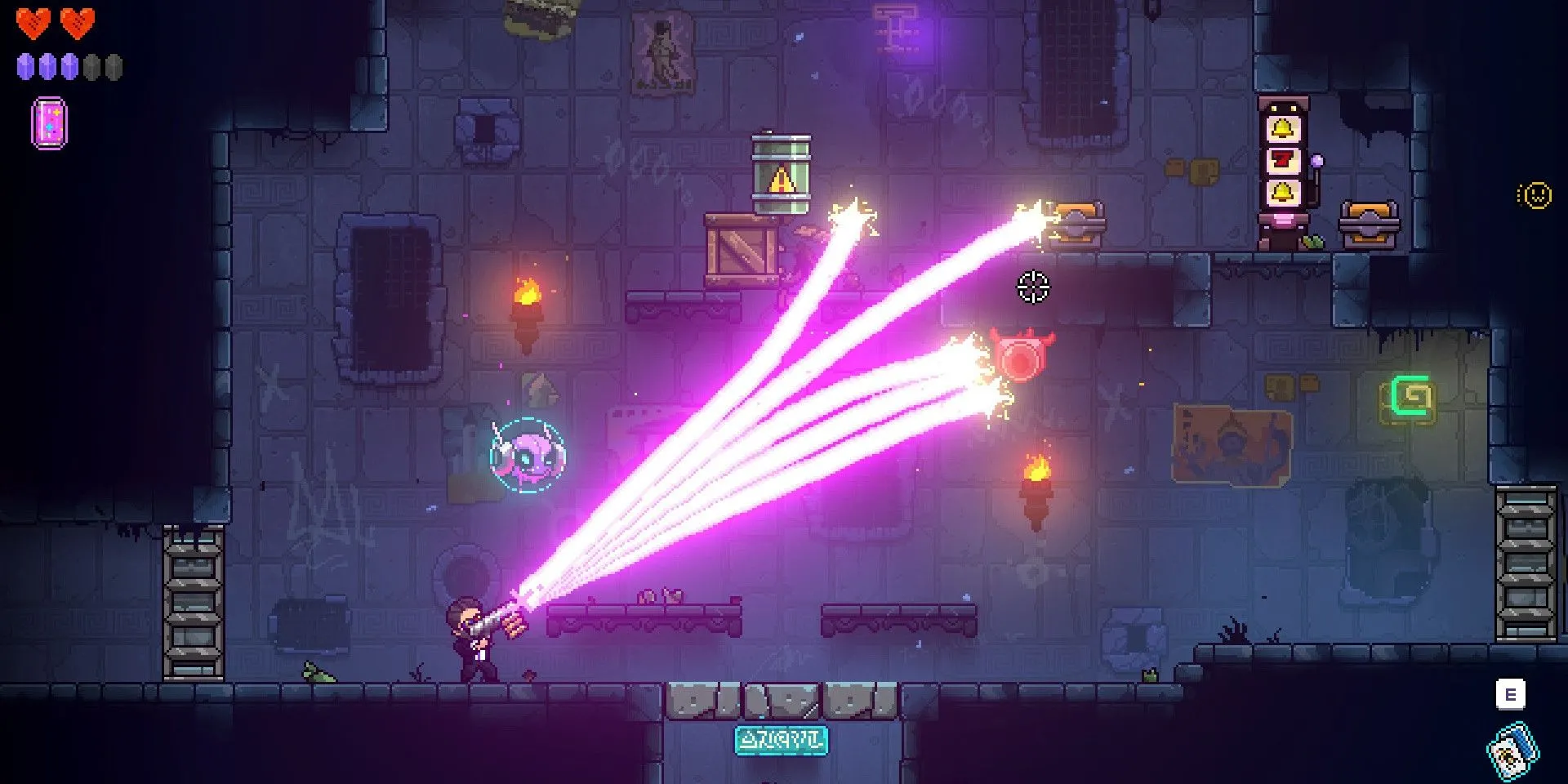 Nhân vật bắn ra nhiều luồng đạn trong Neon Abyss, một tựa game roguelite hành động màn hình ngang đầy màu sắc