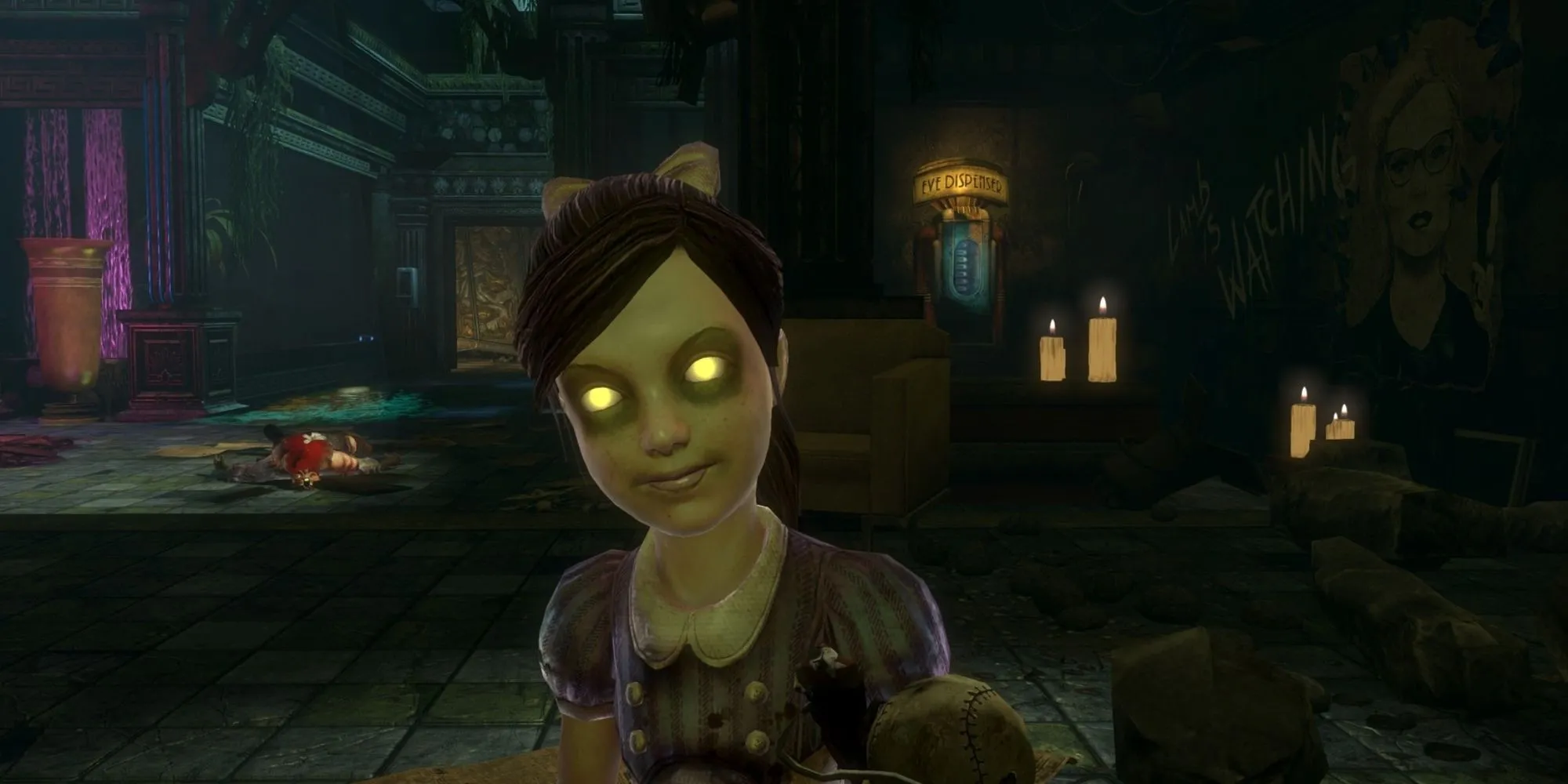 Nhân vật Big Daddy đang bảo vệ một Little Sister trong môi trường thành phố Rapture dưới đáy biển trong BioShock 2