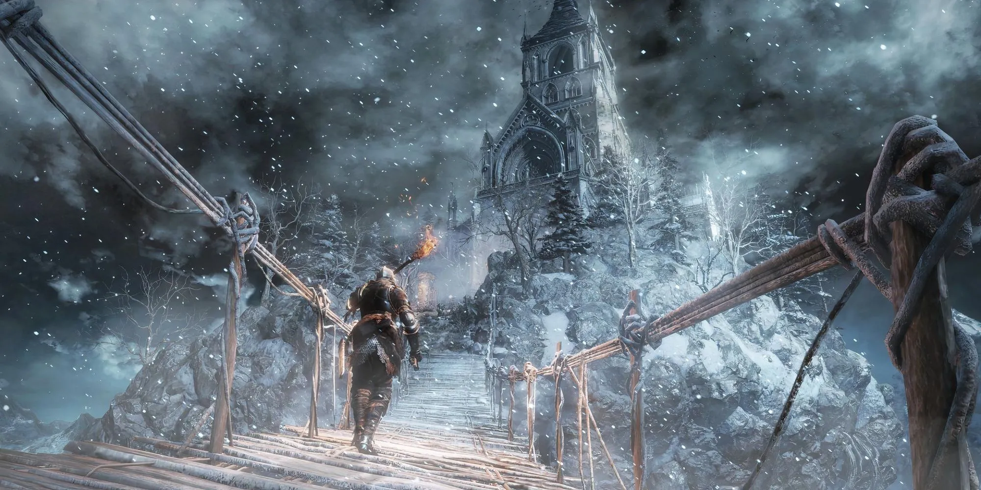 Nhân vật chiến đấu trong môi trường tuyết giá, dễ bị dính hiệu ứng Frostbite trong game Soulsborne.