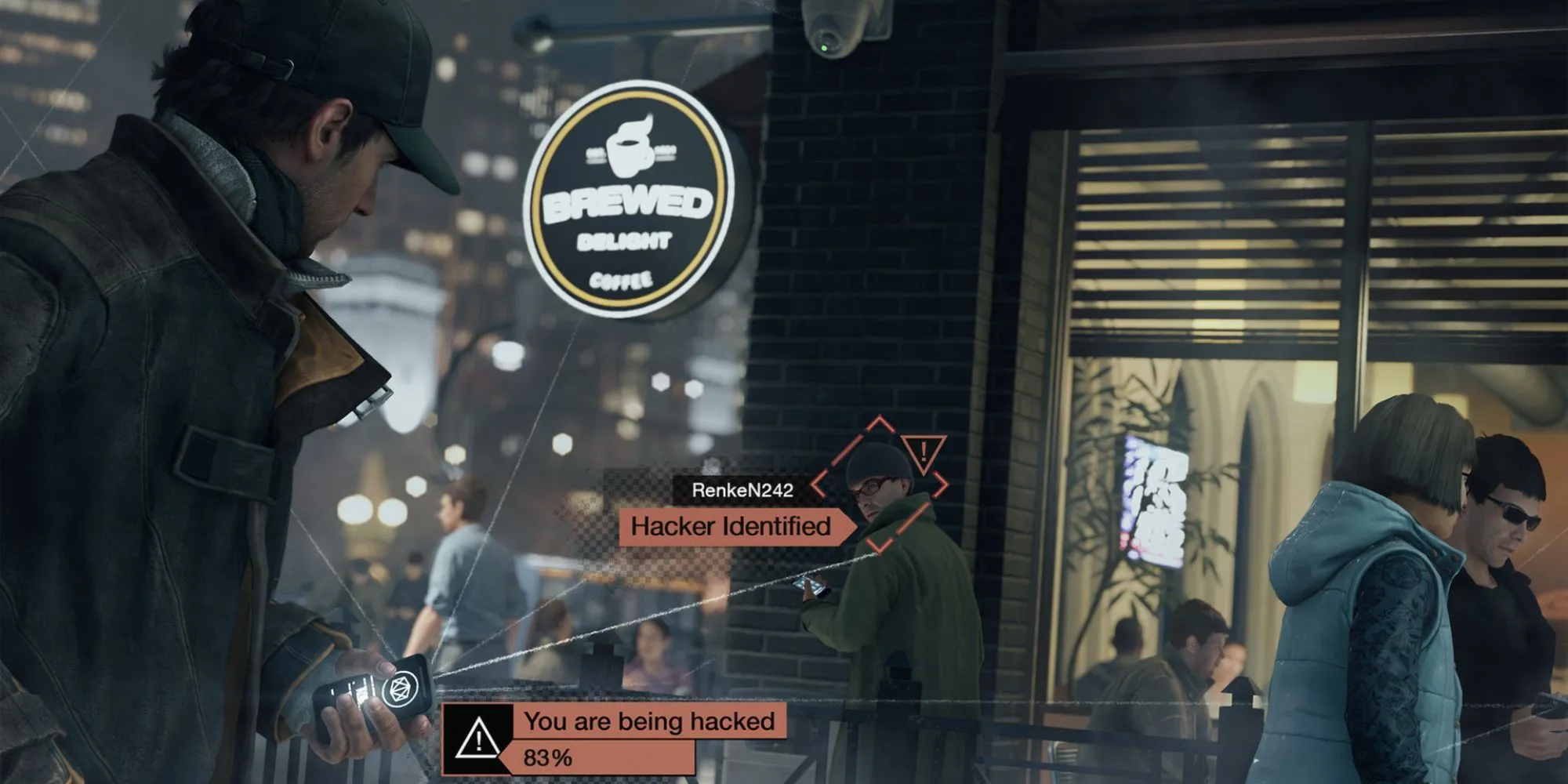 Nhân vật chính Aiden Pearce nhìn bao quát thành phố Chicago từ trên cao trong Watch Dogs