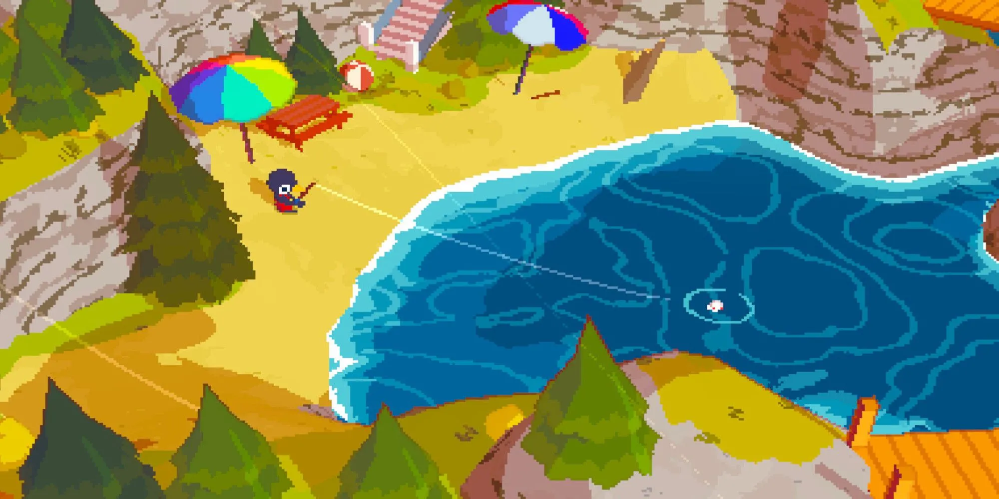 Nhân vật chính Claire đang câu cá trên một bãi biển trong game A Short Hike, với phong cách đồ họa pixel 3D đáng yêu