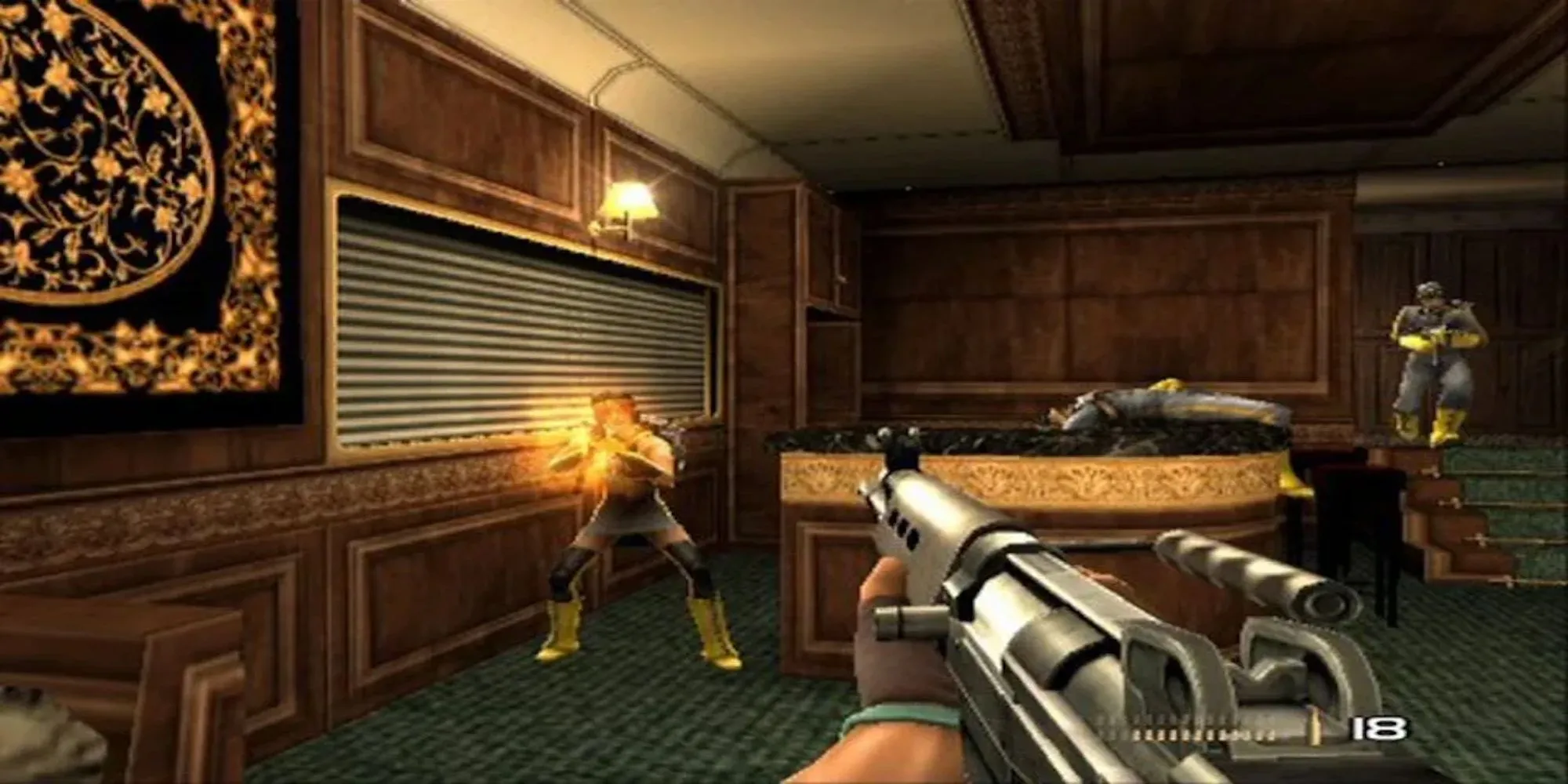 Nhân vật chính Cortez trong Timesplitters Future Perfect PS2 chiến đấu với robot