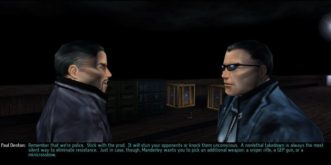 Nhân vật chính JC Denton trong một cảnh của game Deus Ex kinh điển