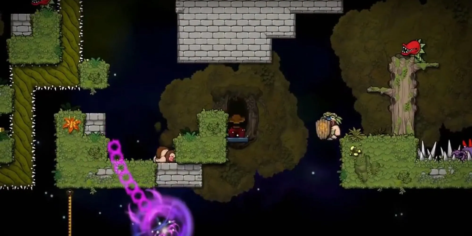 Nhân vật chính leo dây trong môi trường hang động đầy màu sắc của Spelunky 2.