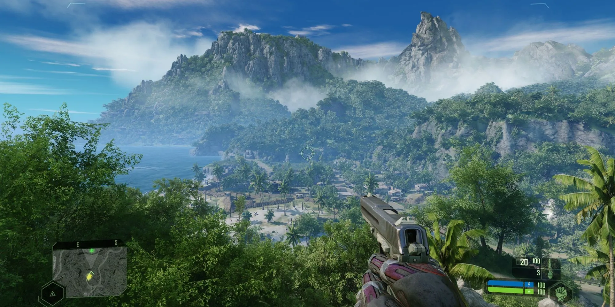 Nhân vật chính Nomad mặc bộ giáp Nanosuit trong bối cảnh rừng rậm của game Crysis