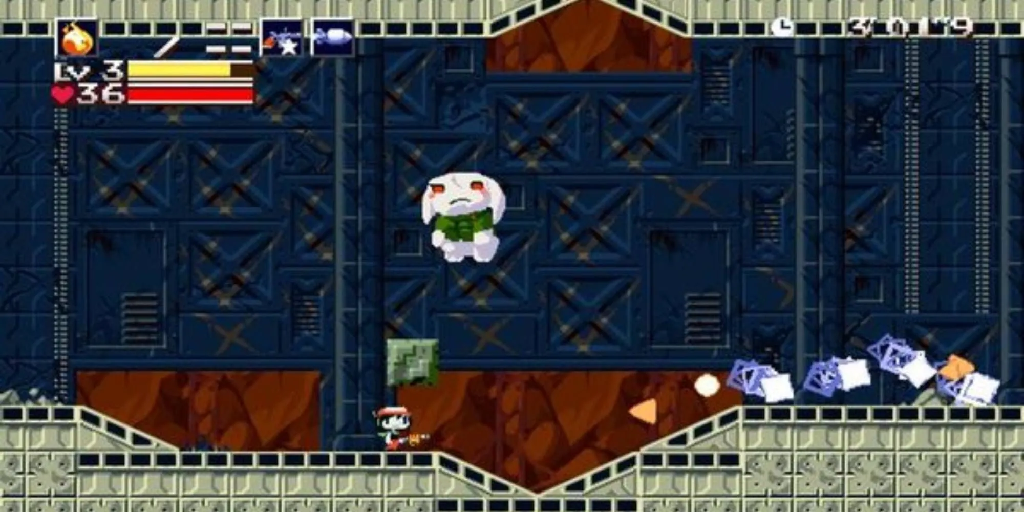 Nhân vật chính Quote trong Cave Story+ đang nhảy và bắn trong một hang động pixel art