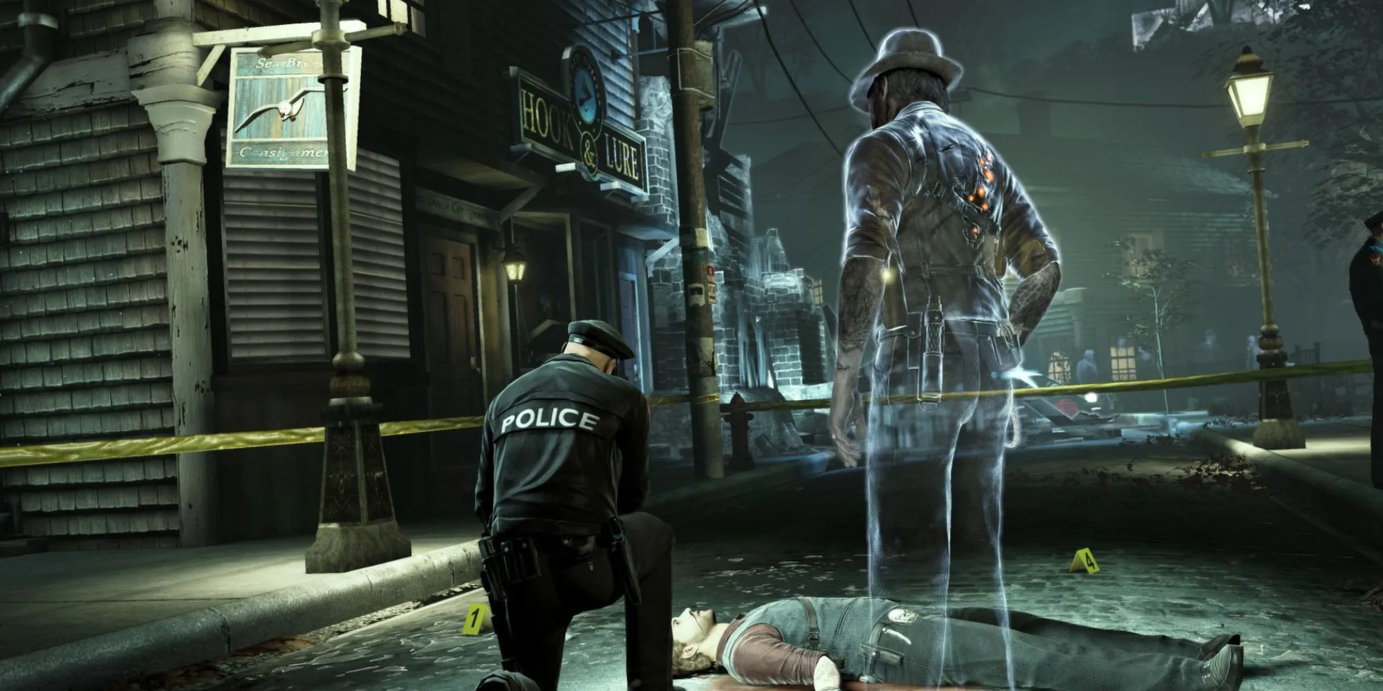 Nhân vật chính Ronan O'Connor trong Murdered: Soul Suspect đang nhìn xuống thi thể của mình