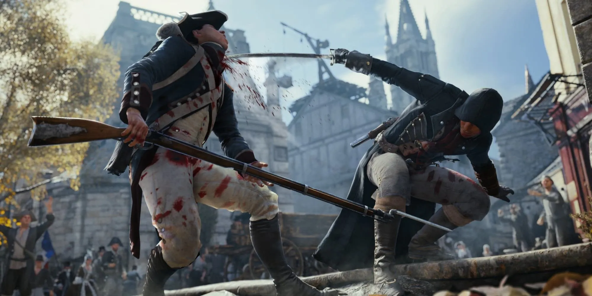 Nhân vật chính thực hiện đòn đánh lén trong Assassin's Creed Unity, game lấy bối cảnh Paris với tính năng móc túi và parkour.
