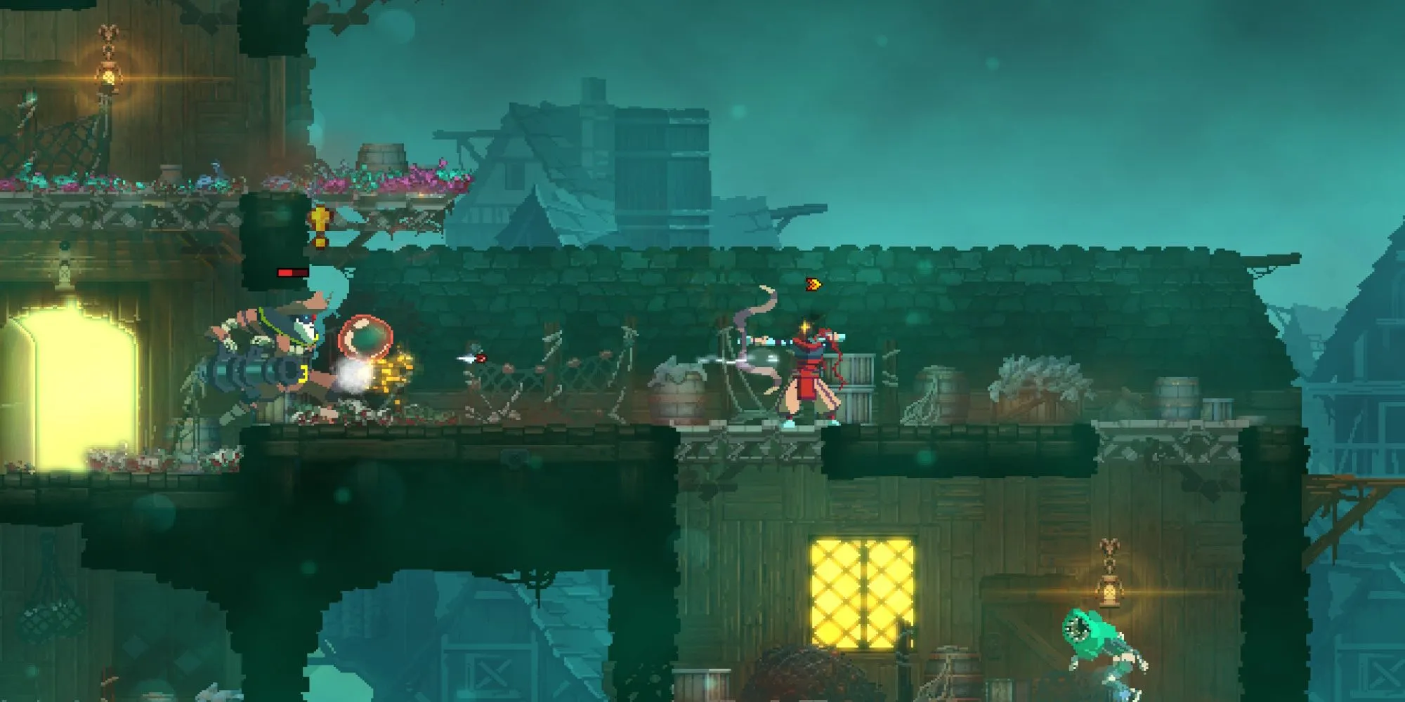 Nhân vật chính trong Dead Cells chiến đấu với kẻ thù trong môi trường pixel art chi tiết và sống động.