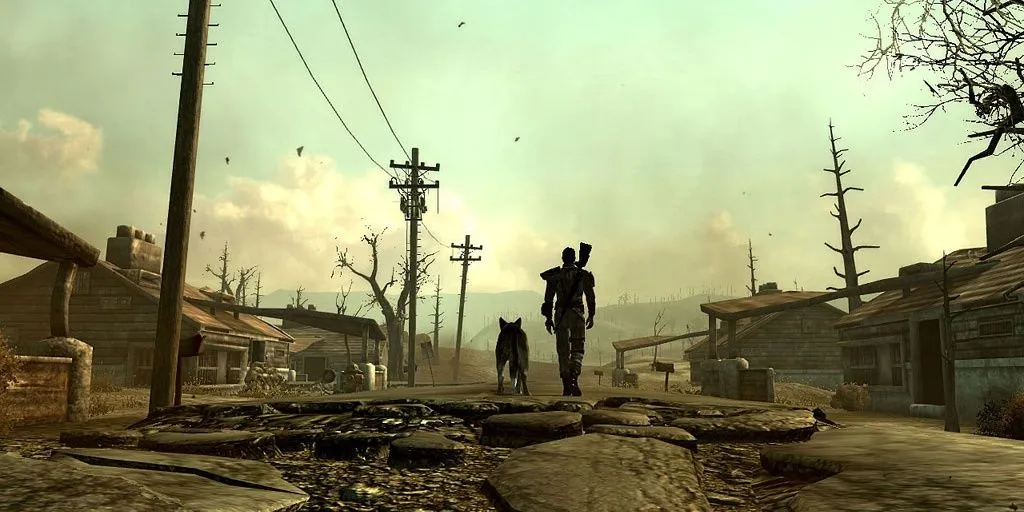 Nhân vật chính và Dogmeat khám phá con đường hoang tàn trong Fallout 3, gợi nhớ thế giới hậu tận thế.
