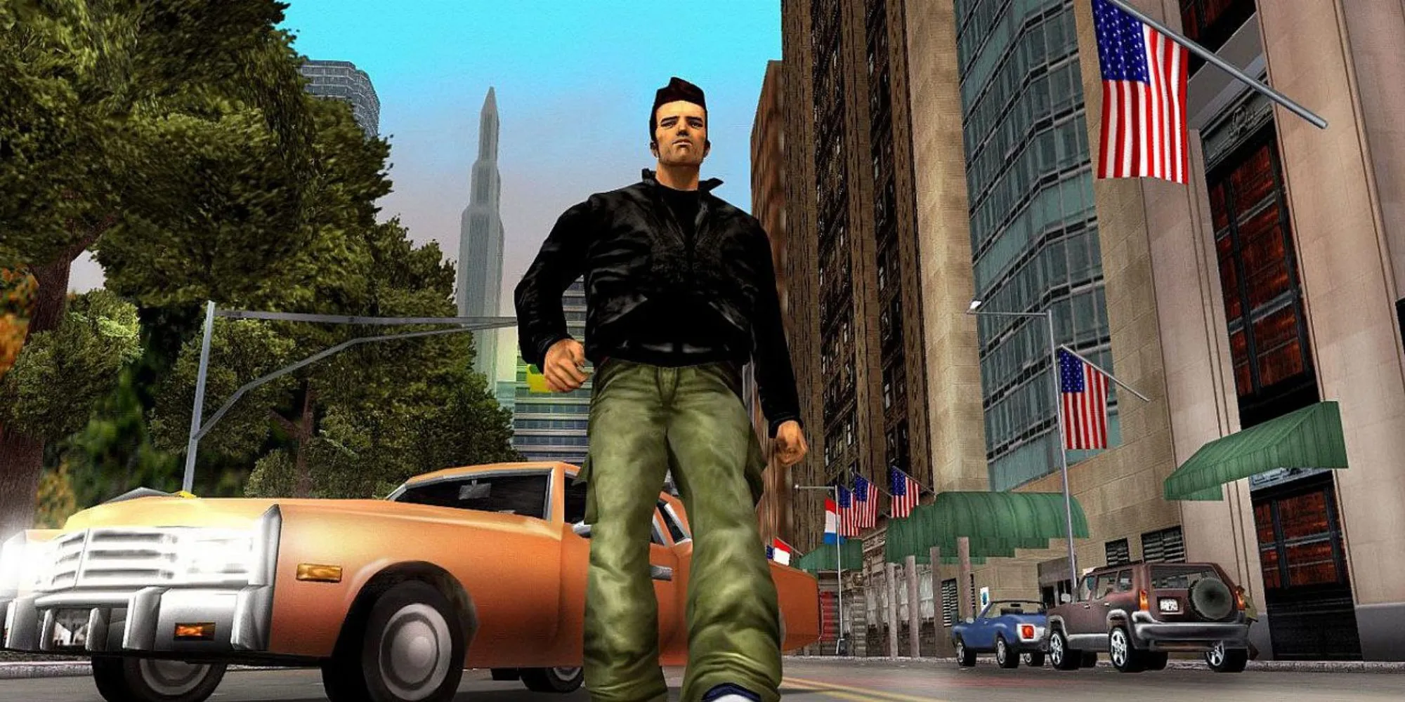 Nhân vật Claude trong GTA 3 trên PS2 đứng giữa đường phố Liberty City với đồ họa đặc trưng của game.