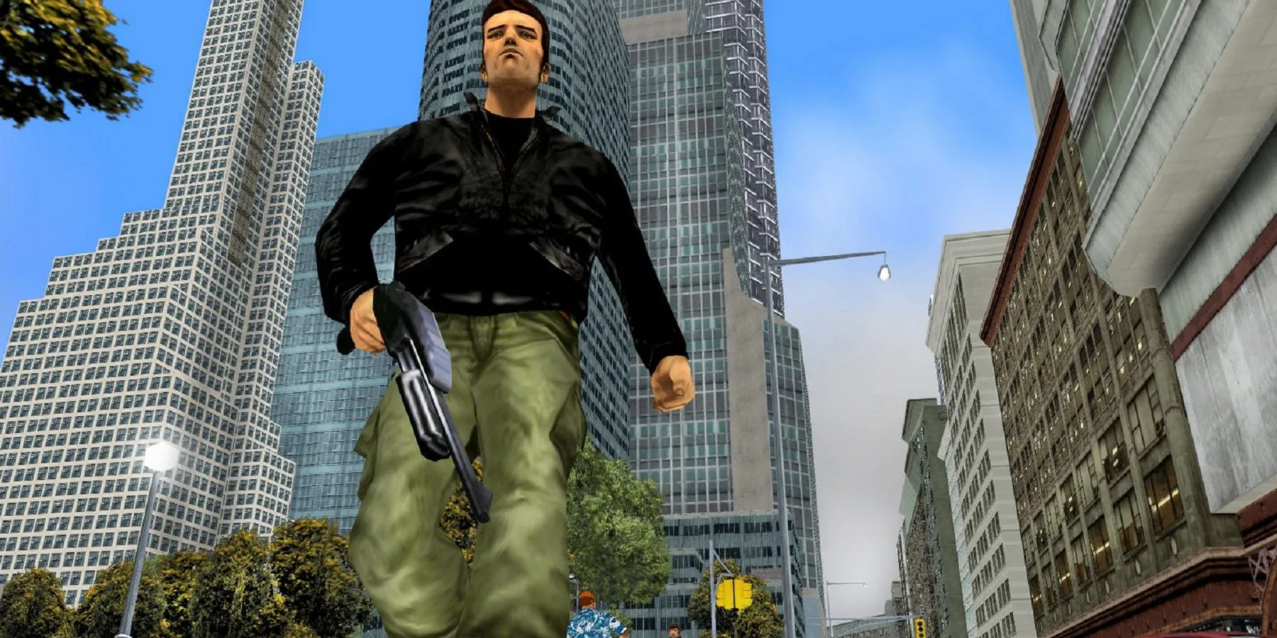 Nhân vật Claude từ Grand Theft Auto 3 cầm shotgun trong một con hẻm tối