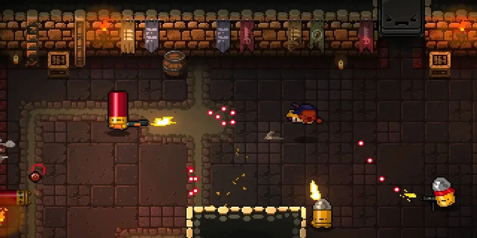 Nhân vật đang chiến đấu trong Enter the Gungeon với đồ họa pixel và nhiều viên đạn trên màn hình.