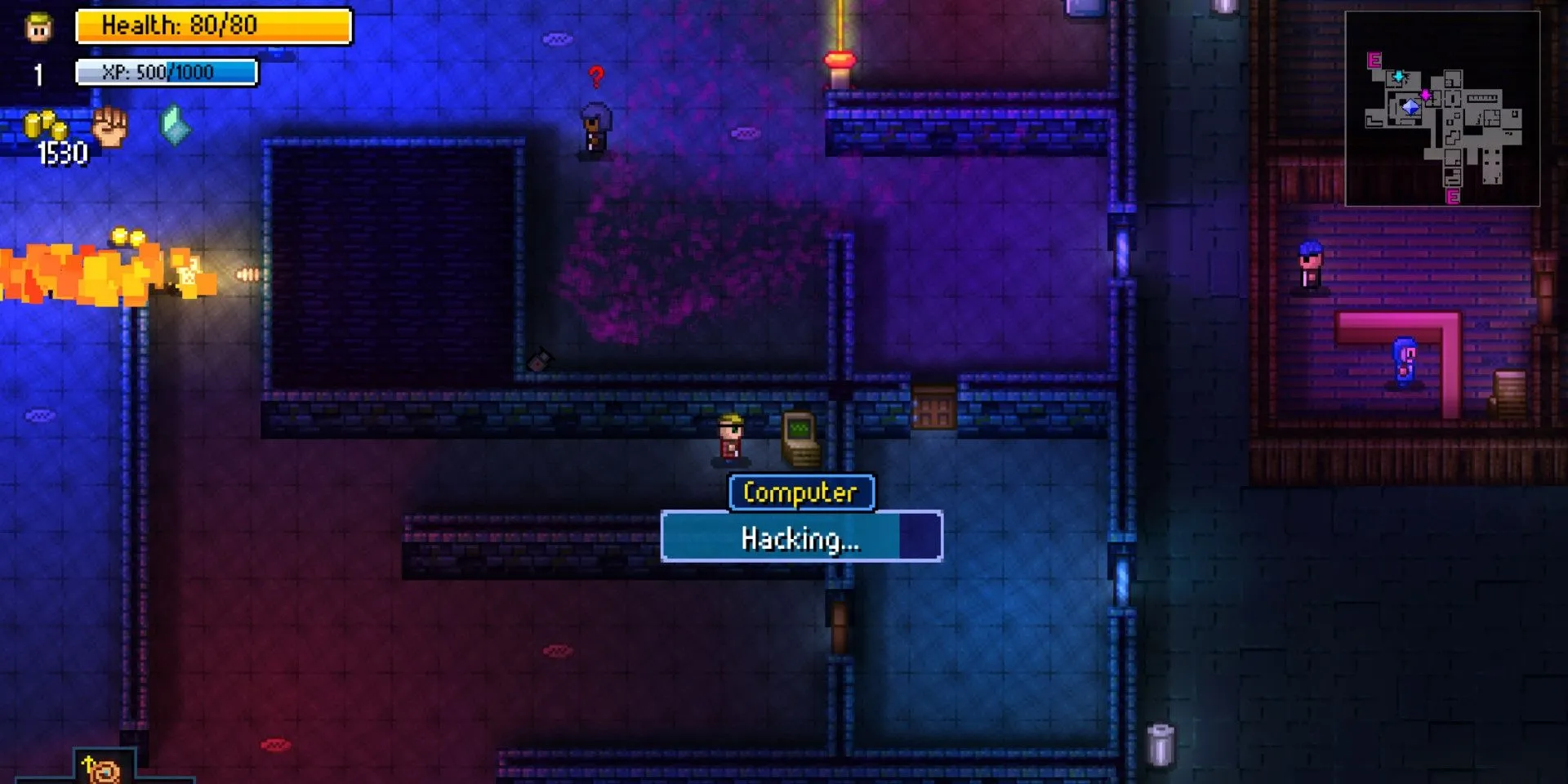 Nhân vật đang hack máy tính trong Streets of Rogue, cho thấy sự đa dạng trong cách tiếp cận nhiệm vụ của game