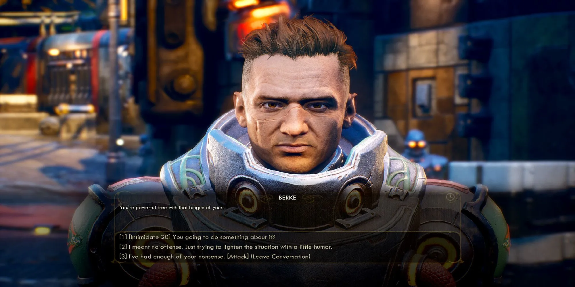 Nhân vật đang nói chuyện với một người lính trong The Outer Worlds