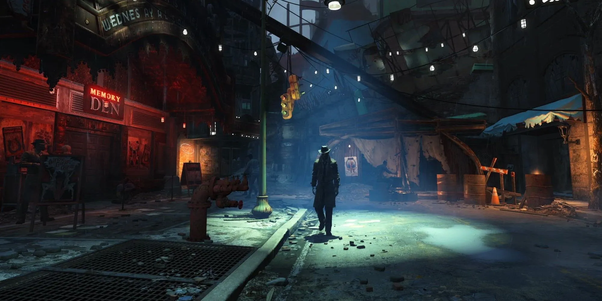 Nhân vật đi trên con phố hoang tàn trong Fallout 4, minh họa bối cảnh hậu tận thế khuyến khích game thủ loot đồ.