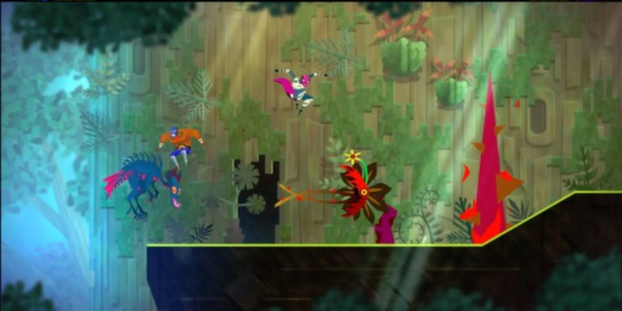 Nhân vật đô vật Lucha trong Guacamelee! thực hiện cú đá mạnh mẽ