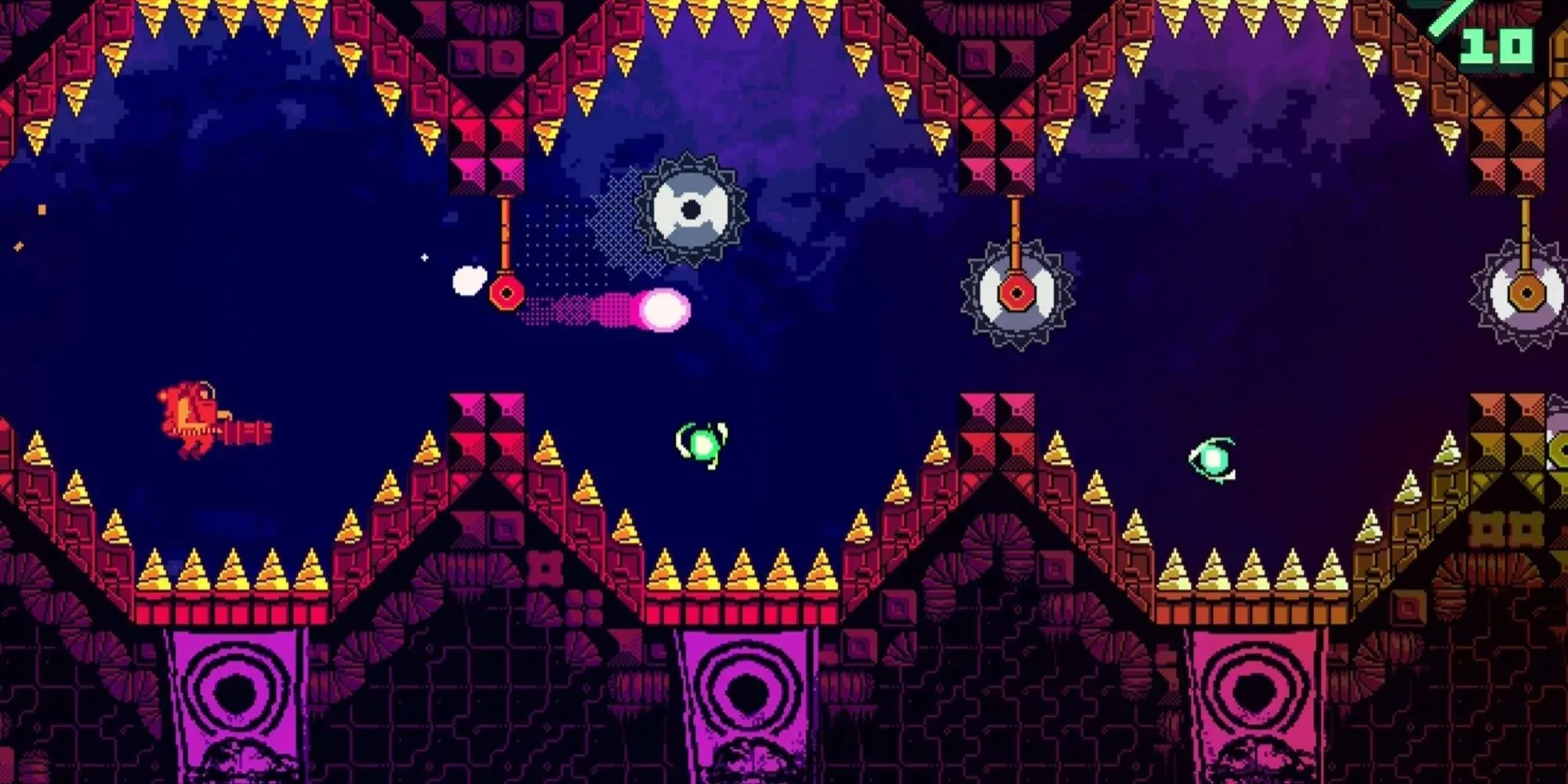 Nhân vật dùng súng bắn xuống để bay lên trong một môi trường pixel neon đầy chông gai trong ATOMIK RunGunJumpGun