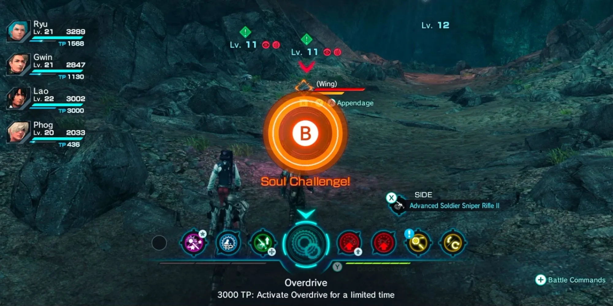 Nhân vật Elma trong Xenoblade Chronicles X kích hoạt Soul Challenge với vòng tròn màu cam và thông báo QTE