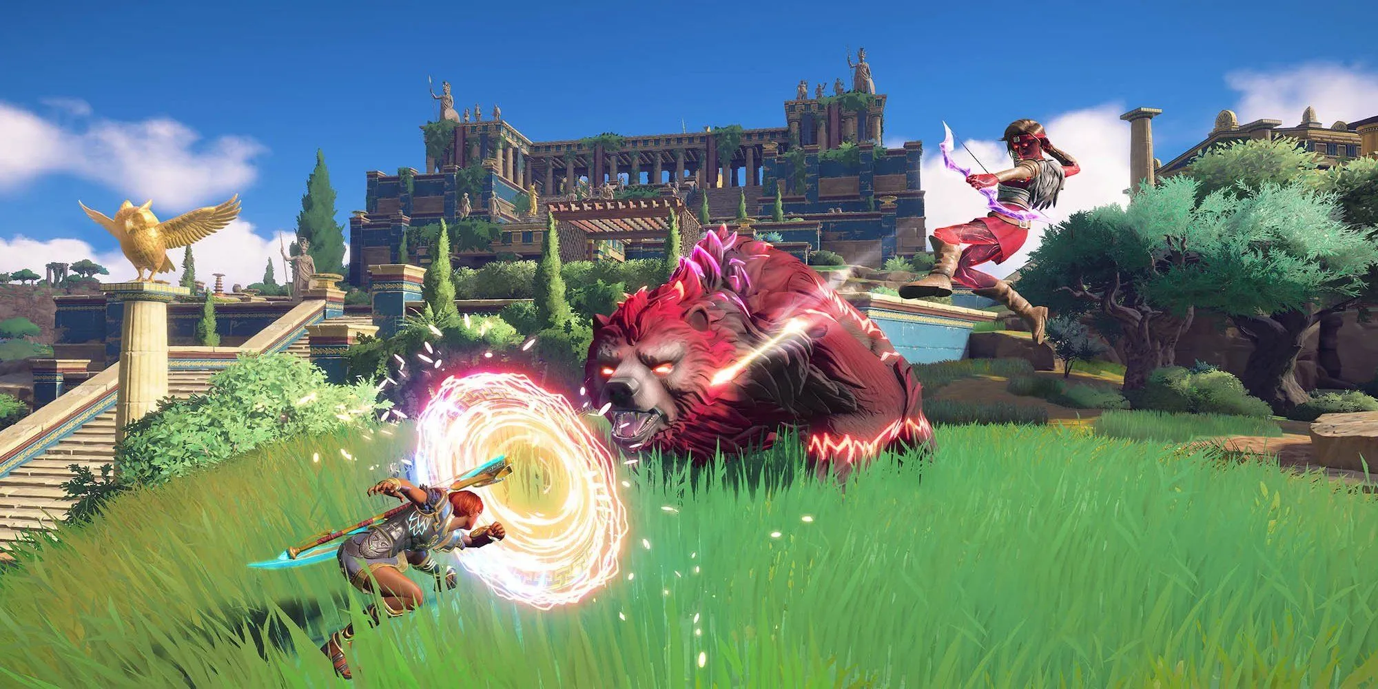 Nhân vật Fenyx chiến đấu với quái vật trong game Immortals Fenyx Rising