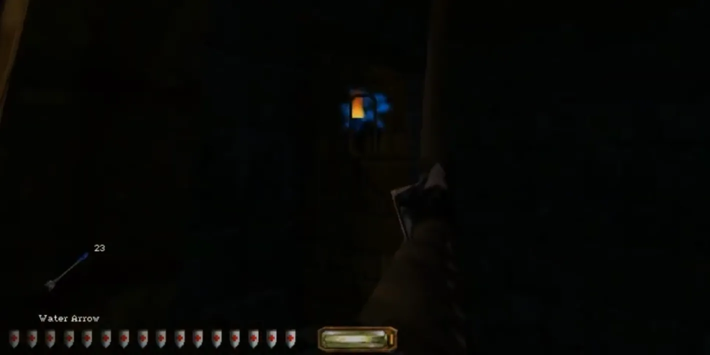 Nhân vật Garrett cầm cung tên trong khung cảnh tối tăm của Thief The Dark Project