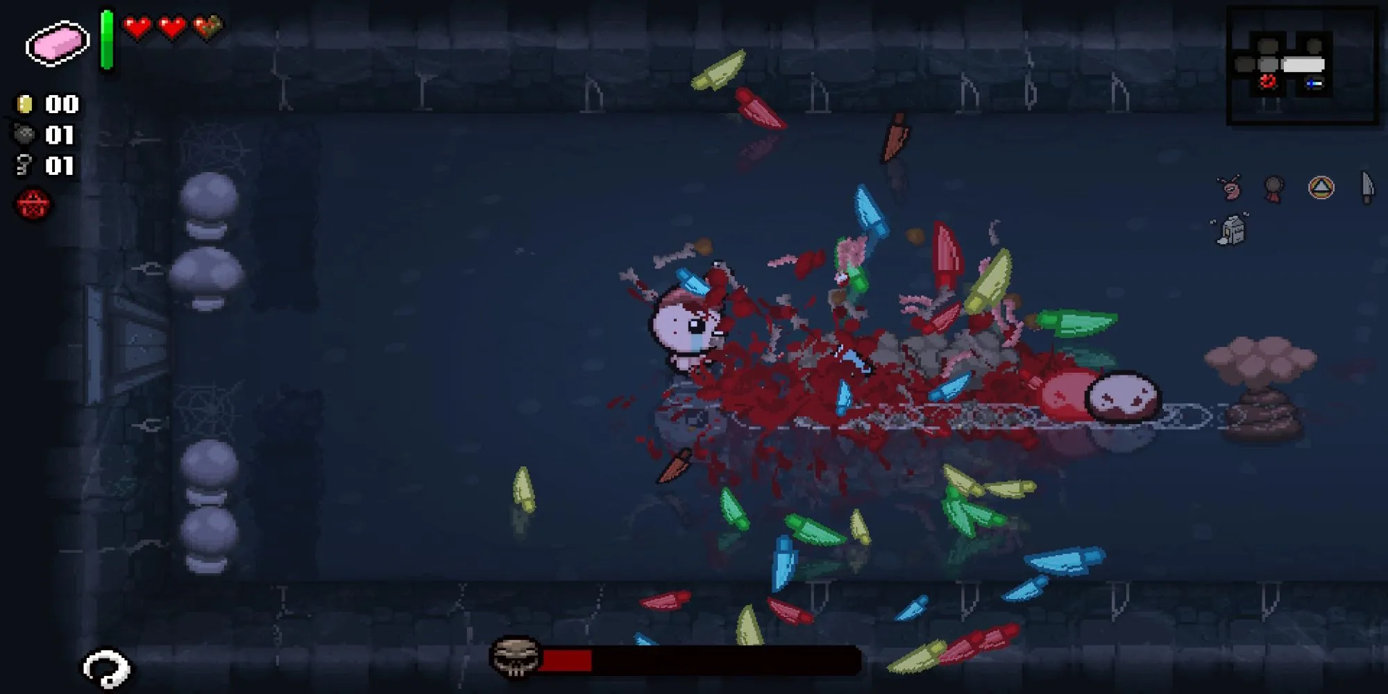 Nhân vật Isaac đang chiến đấu với kẻ địch bằng những giọt nước mắt trong The Binding Of Isaac, hiển thị góc nhìn từ trên xuống.