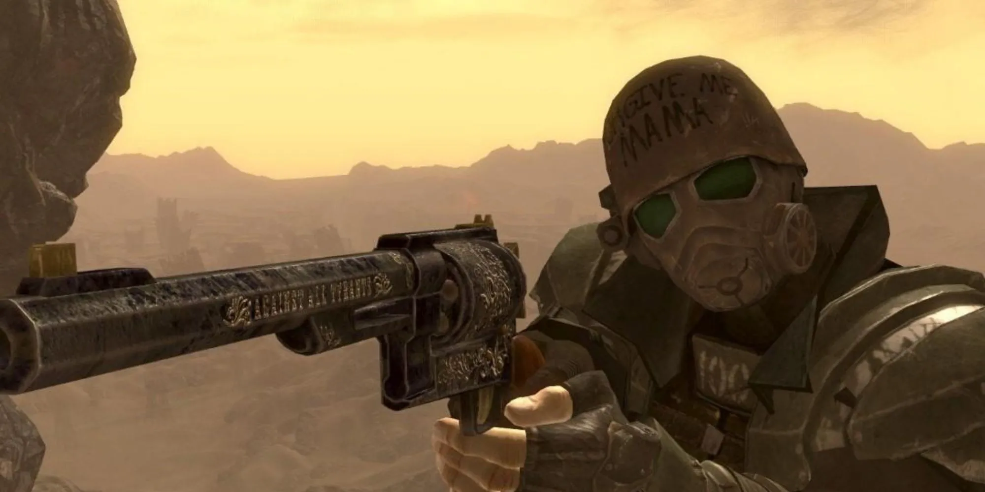 Nhân vật mặc áo Ranger của NCR cầm súng lục trong Fallout: New Vegas, bối cảnh hậu tận thế
