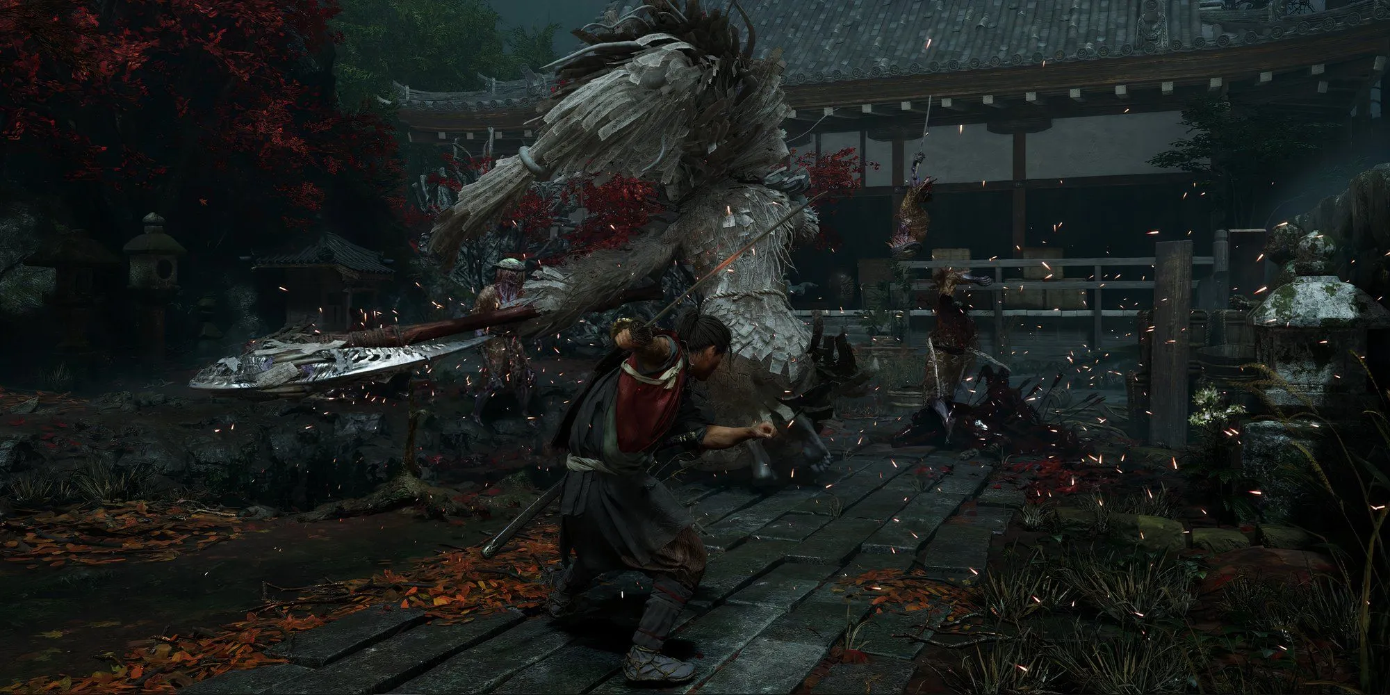 Nhân vật Miyamoto Musashi trong một pha hành động chặt chém của Onimusha Way of the Sword
