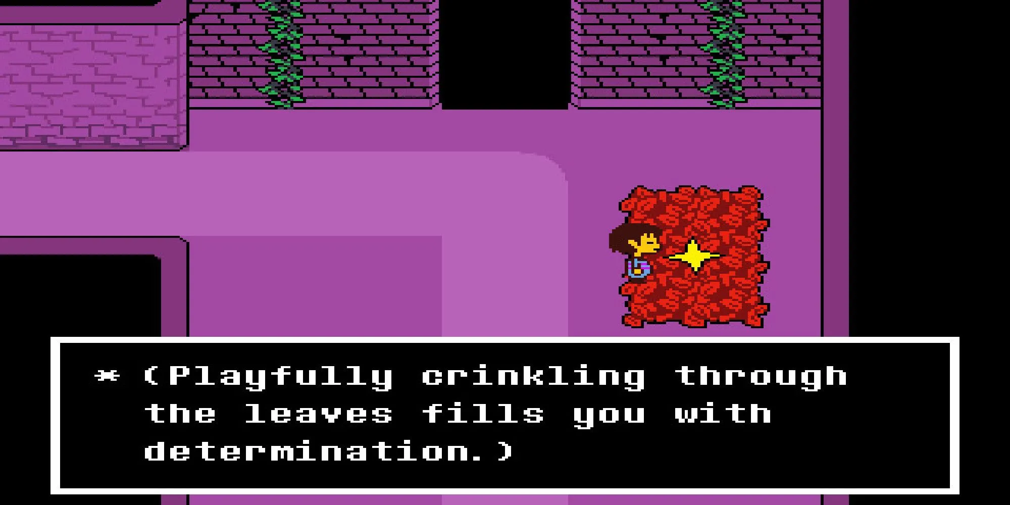 Nhân vật người chơi ở Undertale đang nằm giữa đống lá thu vàng rực, thể hiện sự đơn giản và tập trung vào cảm xúc, trải nghiệm cá nhân.