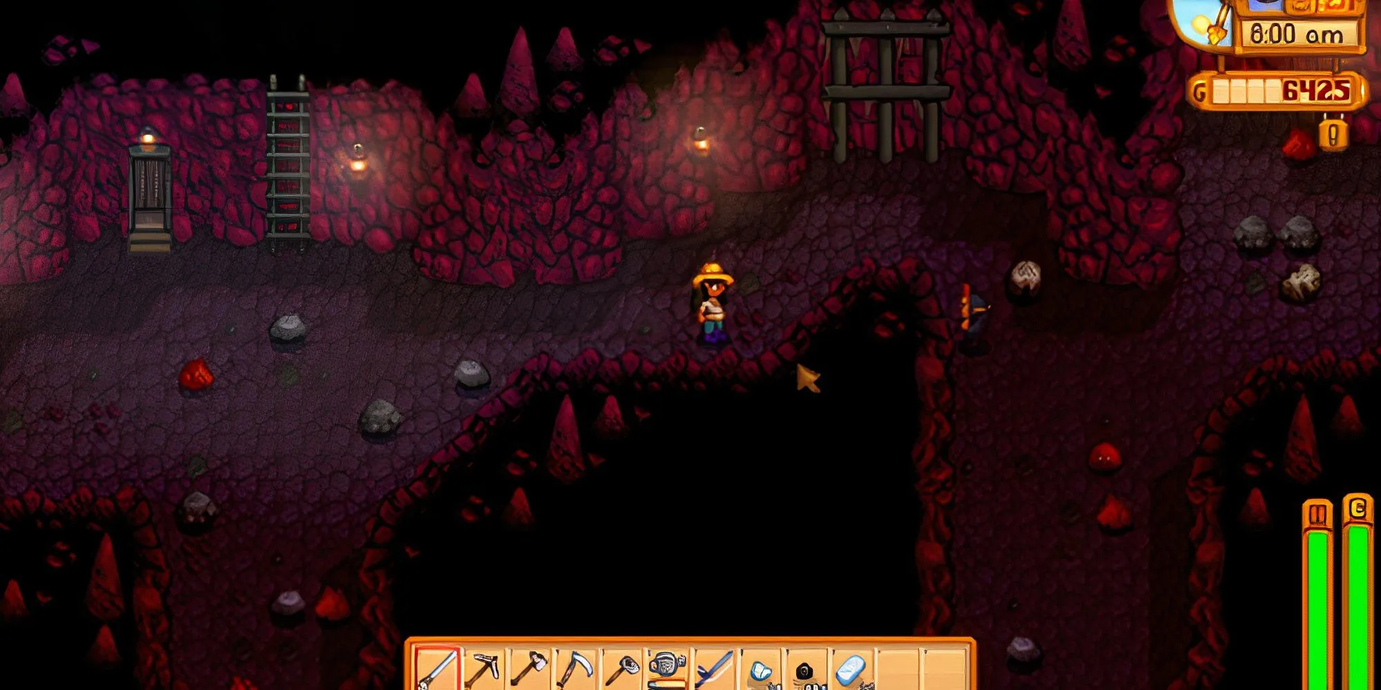 Nhân vật người chơi Stardew Valley chiến đấu với quái vật Dơi trong Hầm Mỏ tối tăm