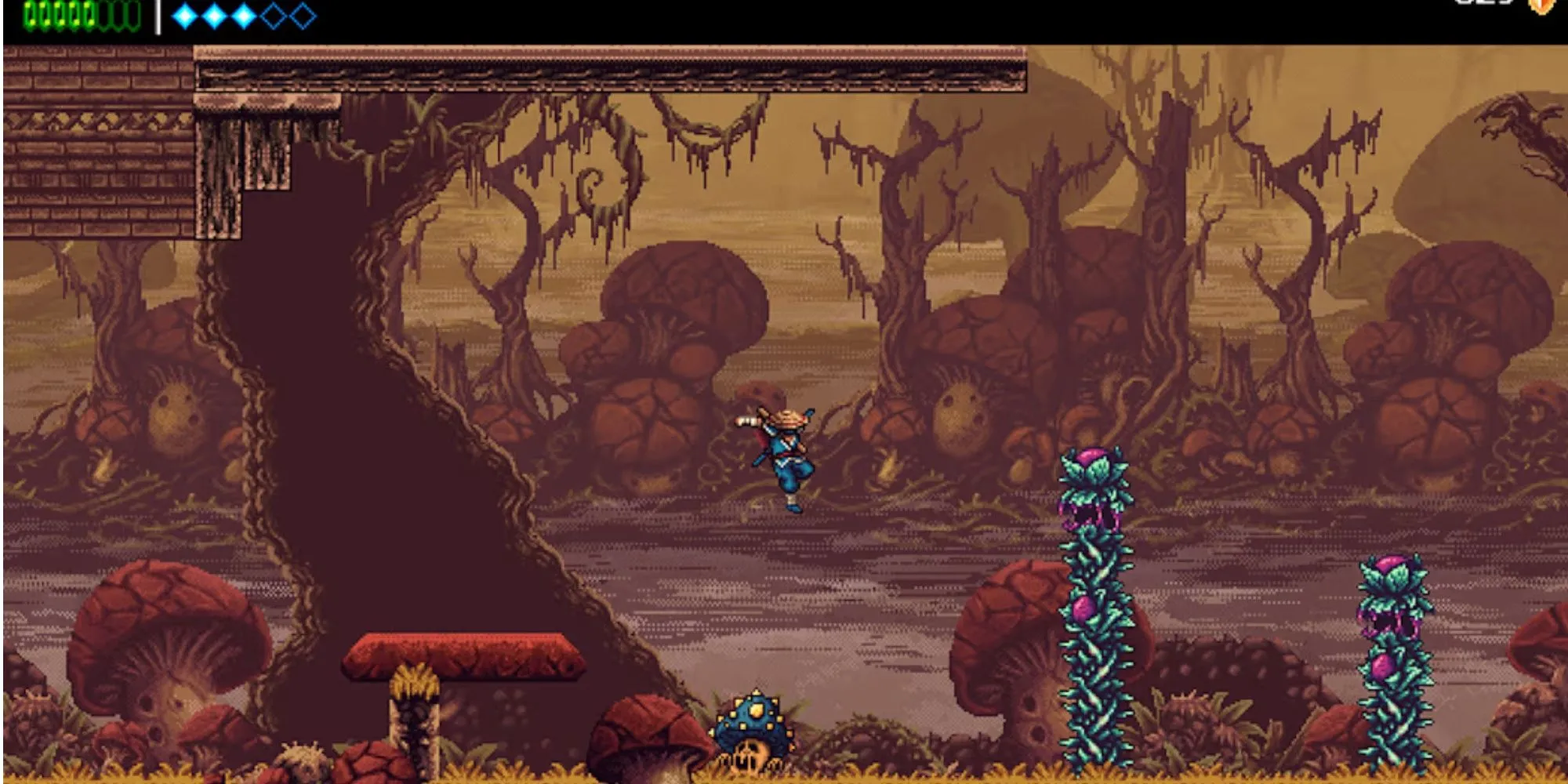 Nhân vật ninja trong The Messenger chạy trên một chướng ngại vật