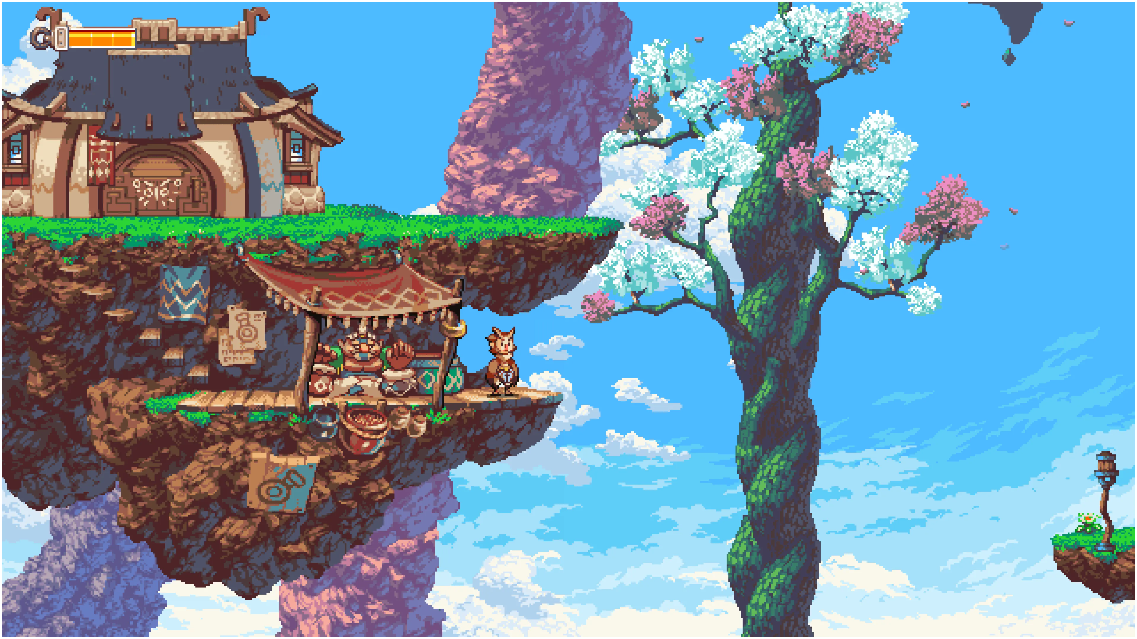 Nhân vật Owlboy và bạn đồng hành bay qua một khu rừng