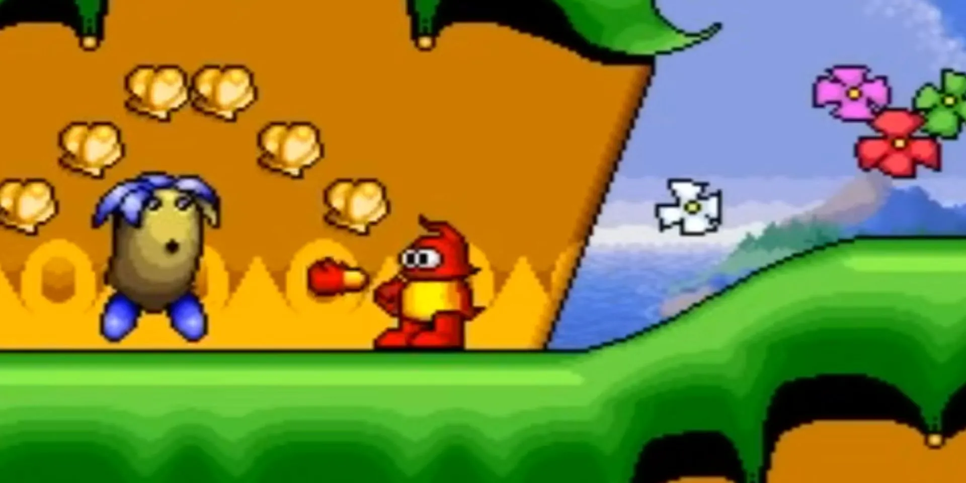 Nhân vật Plok phóng nắm đấm của mình làm đòn tấn công trong game platformer Plok trên SNES