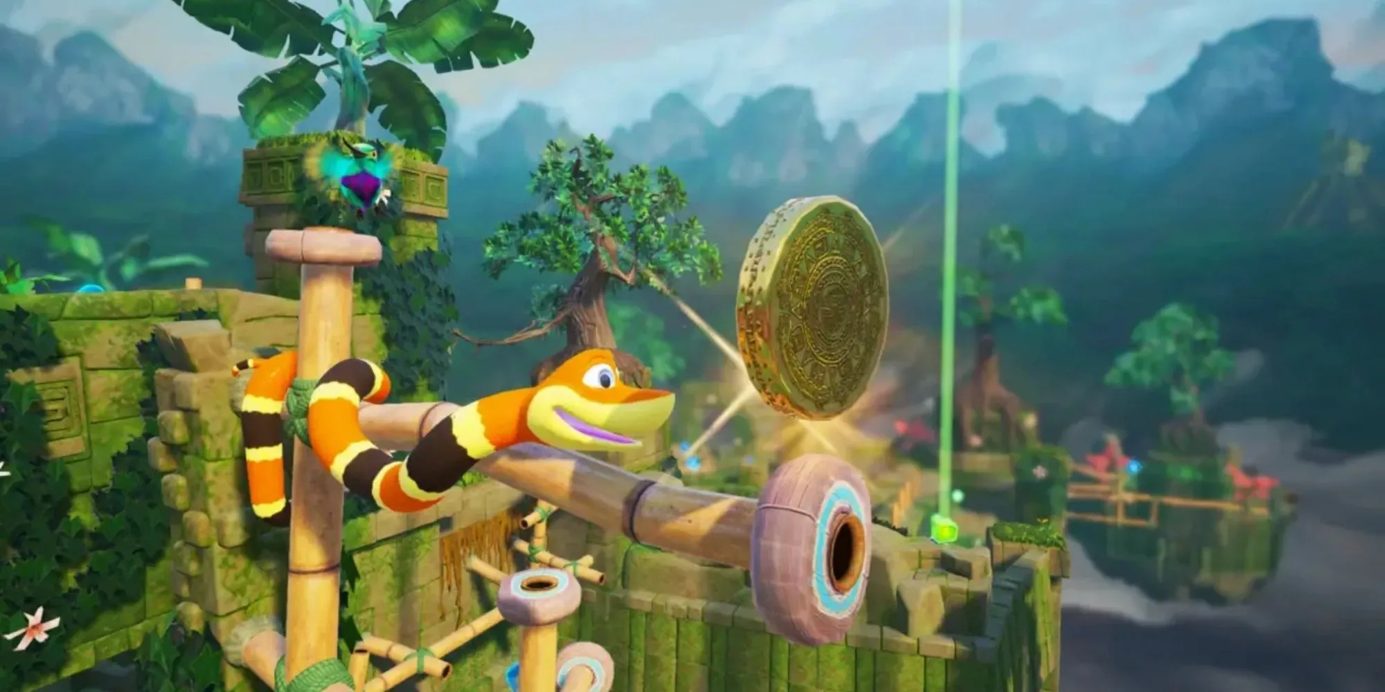 Nhân vật rắn Noodle đang trườn và cuộn quanh các ống tre trong môi trường nhiệt đới của Snake Pass
