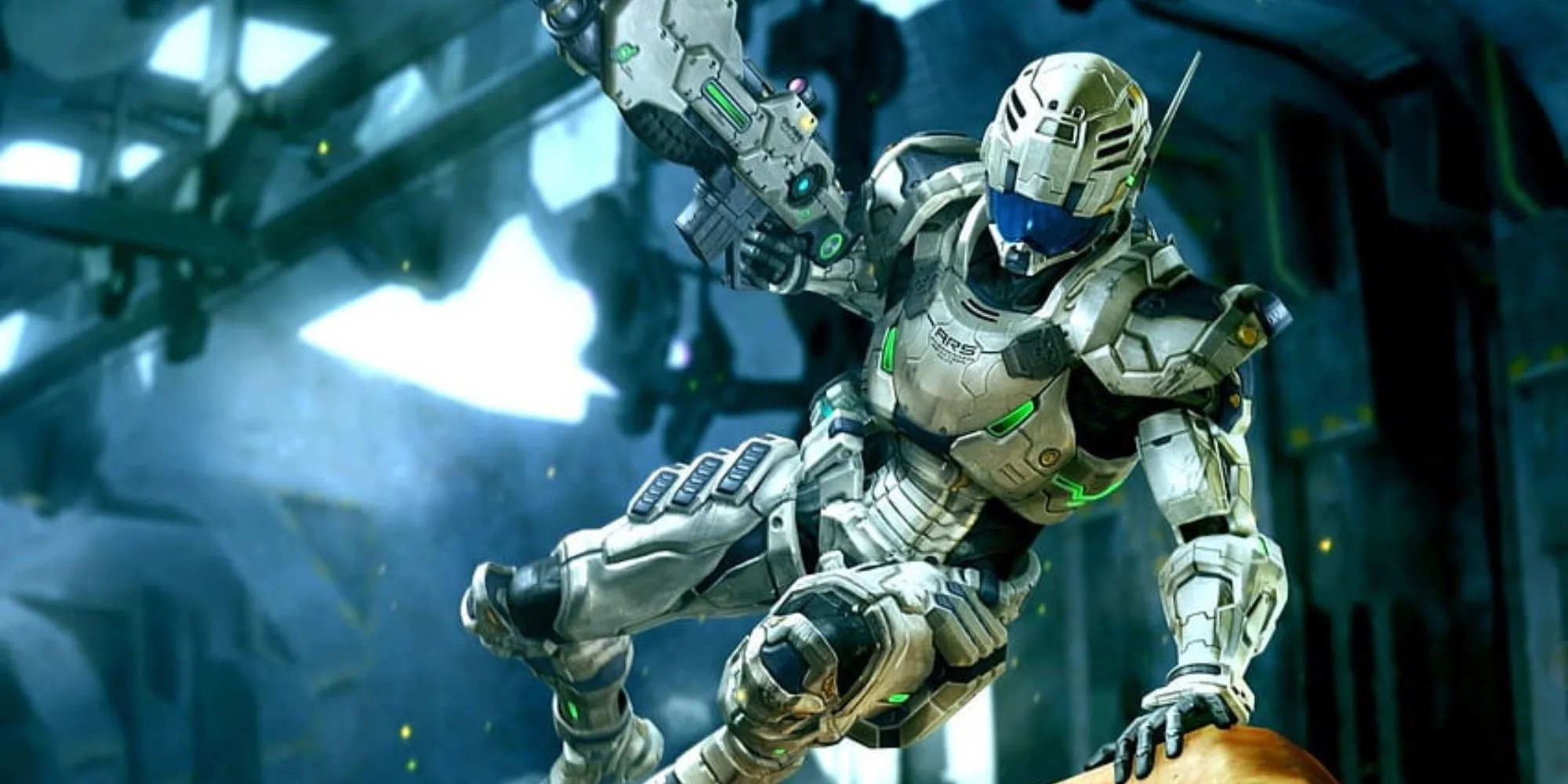 Nhân vật Sam Gideon trong bộ giáp ARS trong game Vanquish, đang trượt trên đầu gối né tránh chướng ngại vật trong một pha hành động nhanh