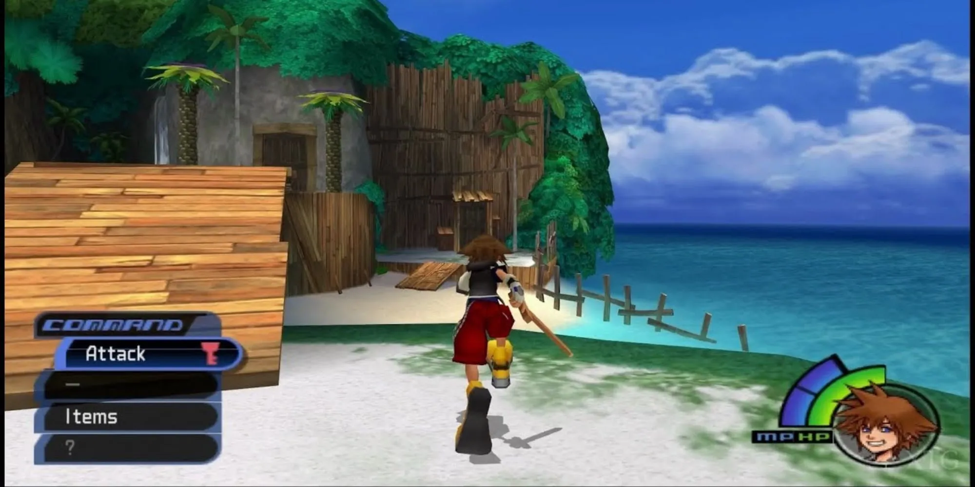 Nhân vật Sora, Donald và Goofy trong Kingdom Hearts trên PS2 với phong cách đồ họa kết hợp Disney và Final Fantasy.