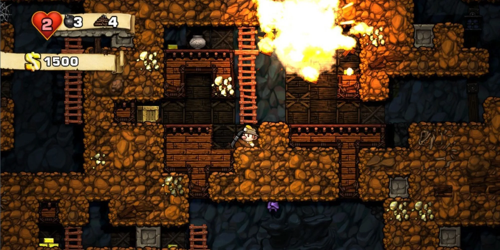 Nhân vật Spelunky đang khám phá một hang động tối tăm với bẫy và kho báu