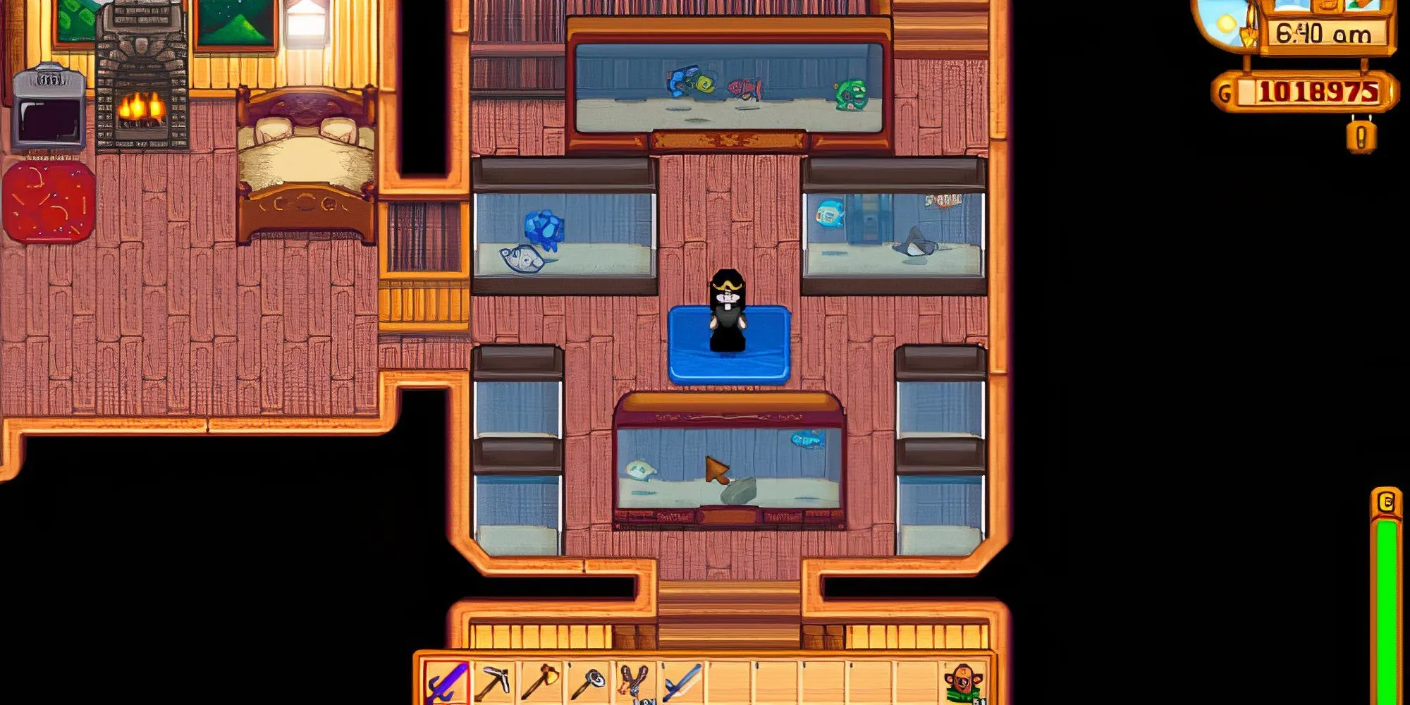 Nhân vật Stardew Valley đứng trước một bể cá lớn được trang trí cầu kỳ trong nhà