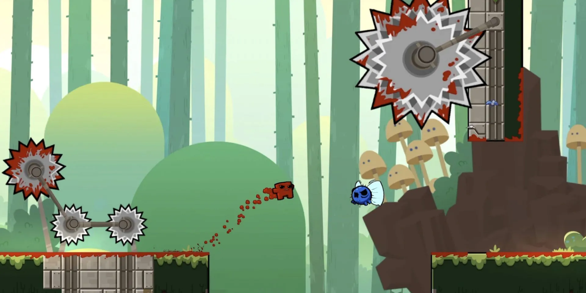 Nhân vật Super Meat Boy đang nhảy qua các lưỡi cưa trong một màn chơi đầy máu me và thử thách