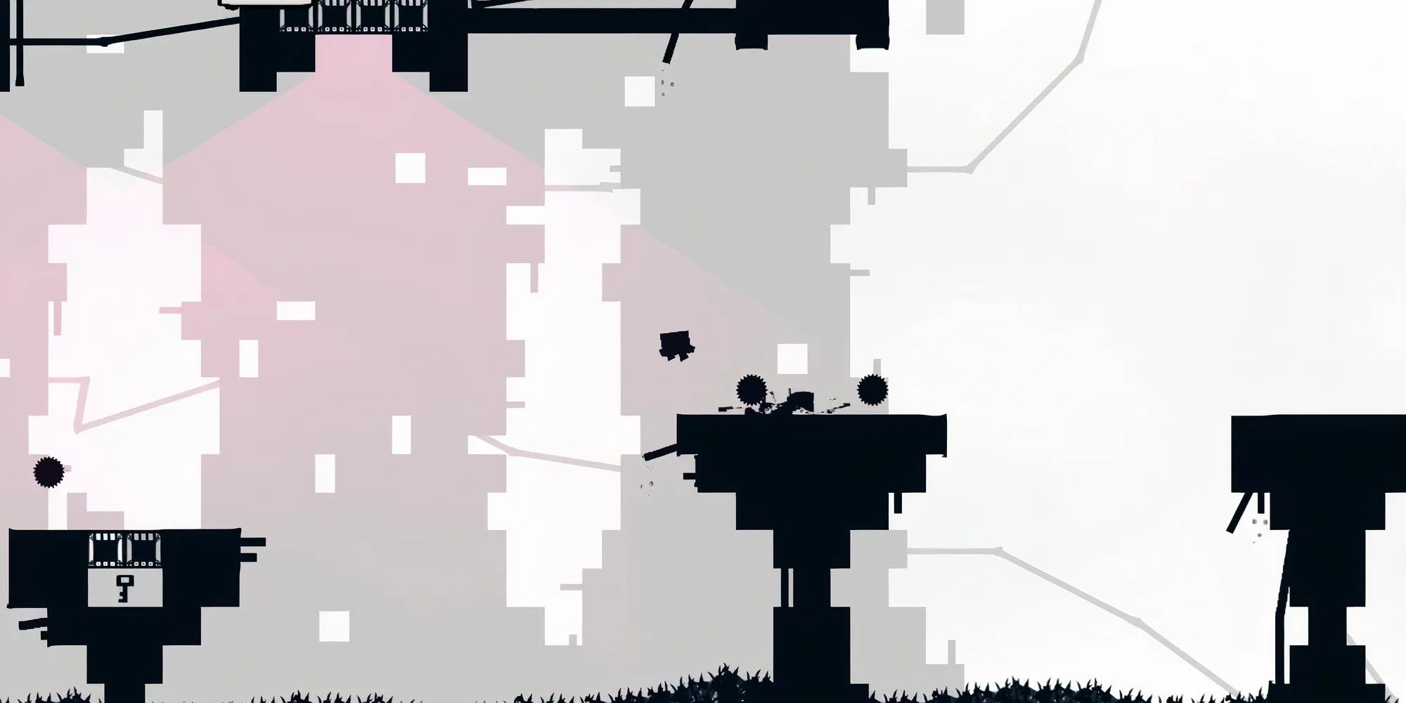 Nhân vật Super Meat Boy đứng gần hai bánh răng cưa lớn trên một bề mặt cao trong game