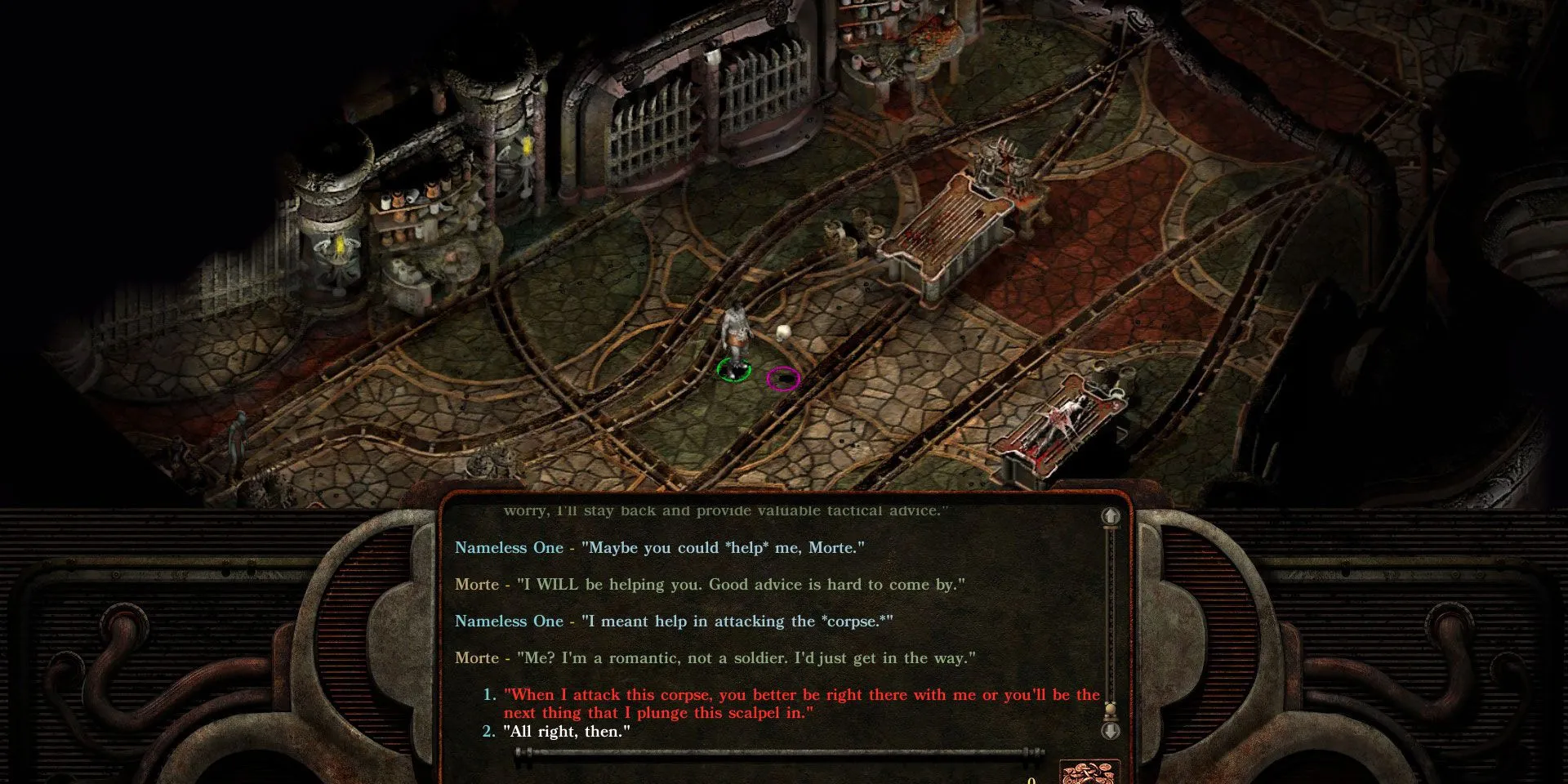 Nhân vật The Nameless One giữa thành phố Sigil kỳ ảo trong Planescape: Torment, thể hiện thế giới độc đáo.