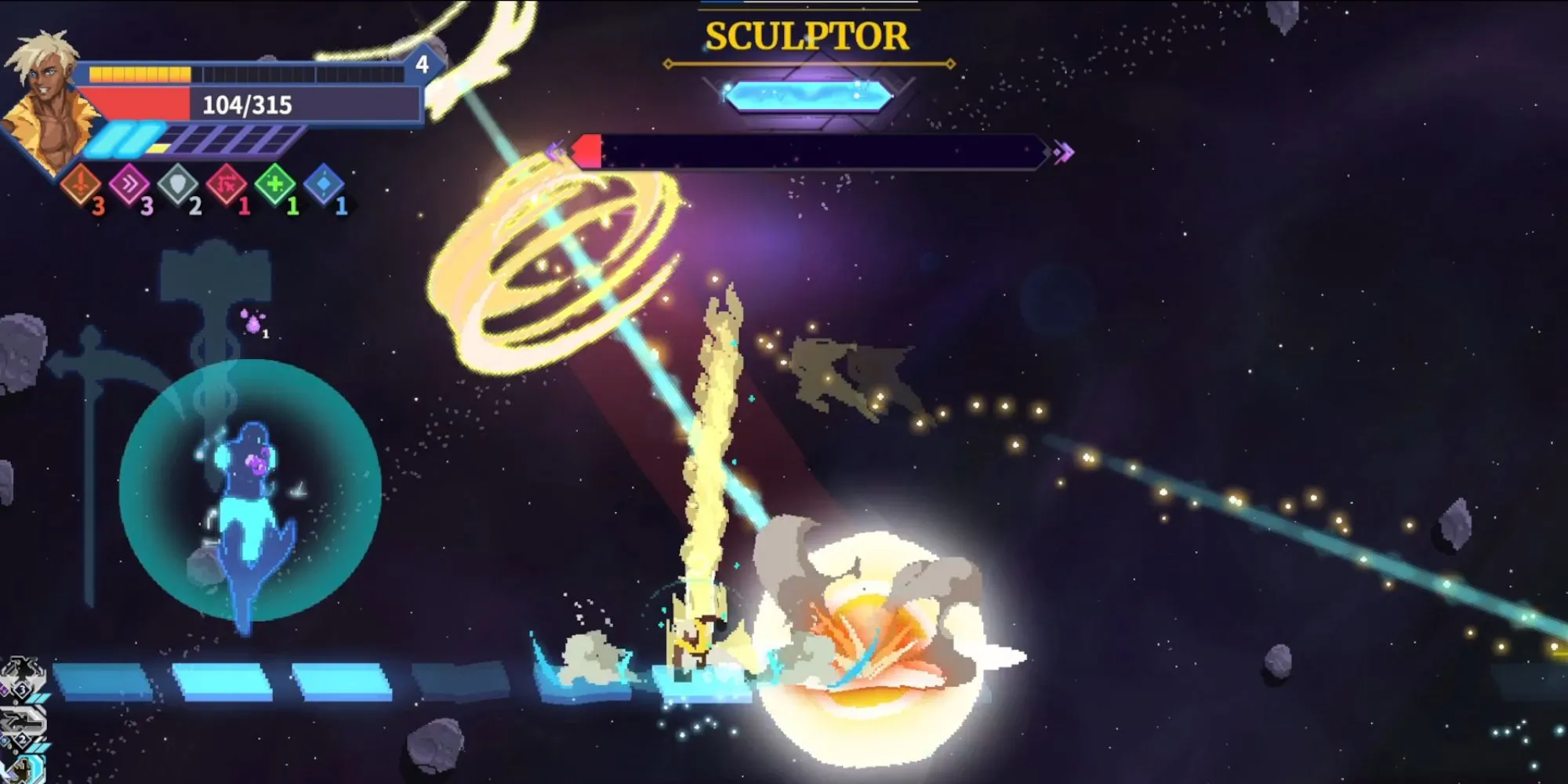 Nhân vật trong Astral Ascent thực hiện cú lướt và nhảy để né đòn tấn công của Sculptor