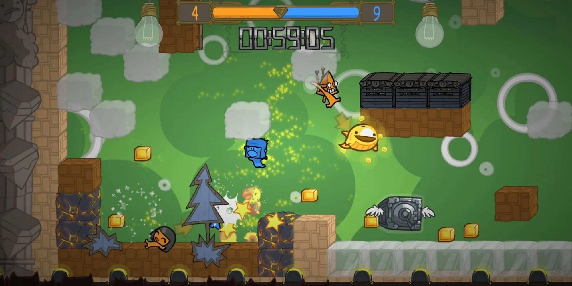 Nhân vật trong Battleblock Theater đang nhảy qua các khối vuông trên một sân khấu kỳ lạ