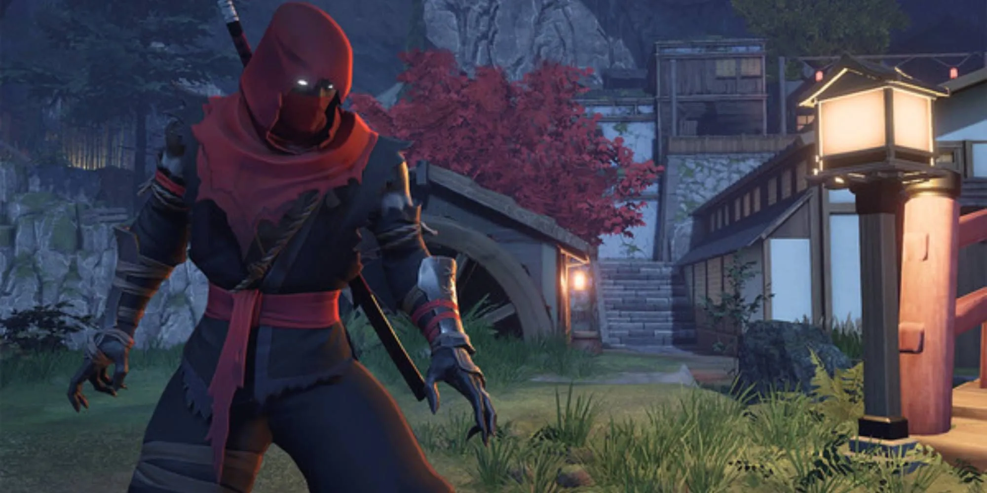 Nhân vật trong bộ trang phục ninja tối màu thực hiện động tác lén lút trong Aragami 2