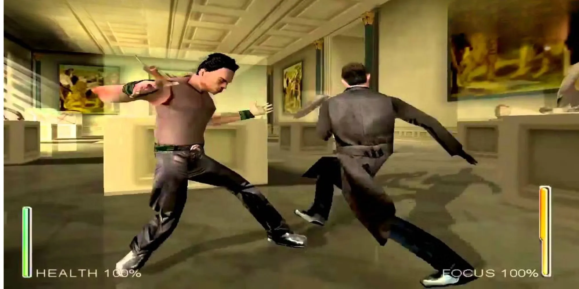 Nhân vật trong game Enter The Matrix với đồ họa PS2 và phong cách chiến đấu đặc trưng của phim.