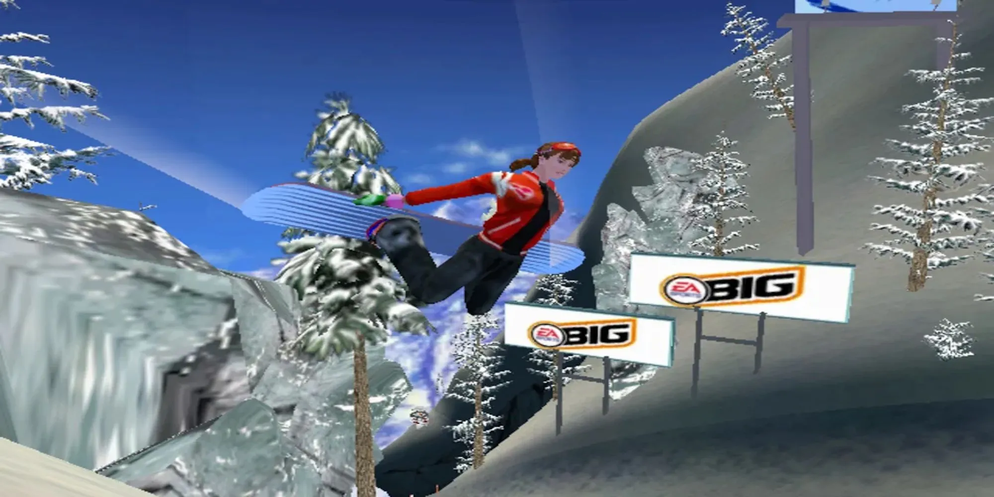 Nhân vật trong game SSX Tricky PS2 đang thực hiện cú nhảy trượt tuyết ấn tượng giữa không trung