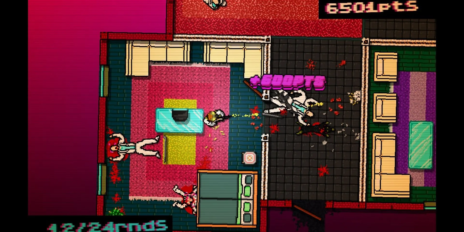Nhân vật trong Hotline Miami đang bắn hạ một kẻ địch trong khung cảnh neon rực rỡ