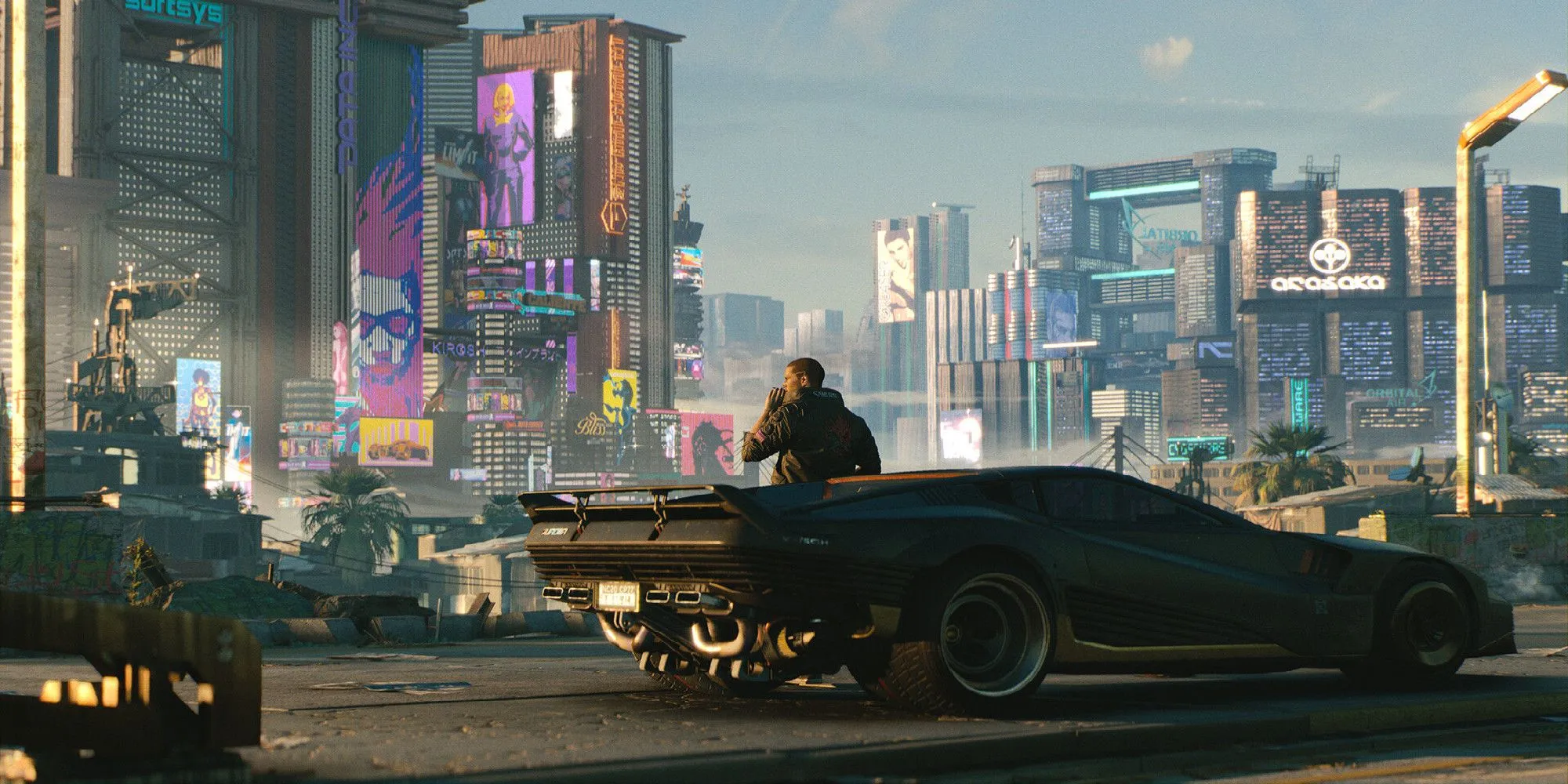 Nhân vật V ngồi trong xe hơi ở Cyberpunk 2077